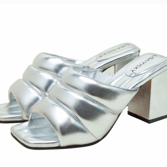 Lisa Vicky Very Metallic Silver Sandal Quilted Puffer Heel - Picture 1 of 3